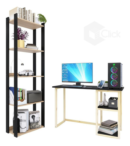 Conjunto Estante Mdp Home Office Mesa Pinus Promoção Preto