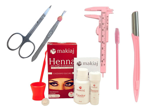 Sobrancelha Profissional Kit Completo Henna Pinça Paquimetro Cor Castanho Escuro