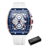 Reloj Curren 8442, Blanco, Impermeable, Original Para Hombre, Bisel, Color De Fondo Azul, Color Blanco Y Azul