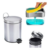 Kit Lixeira Inox 5l E Dispenser De Sabão E Suporte Esponja