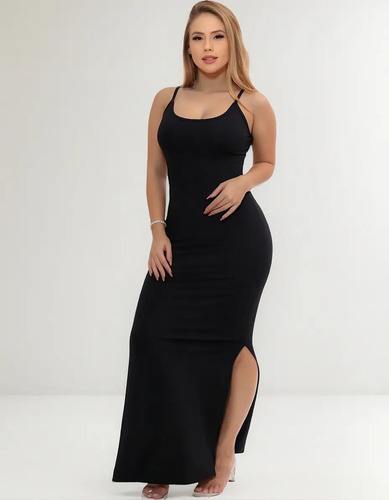 Novo Vestido Longo Alcinha Canelado Fenda Lateral Casual | Parcelamento sem juros