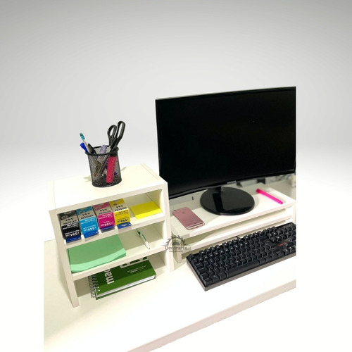 Prateleira Para Monitor Em Mdf Duplo Escritório + Escaninho