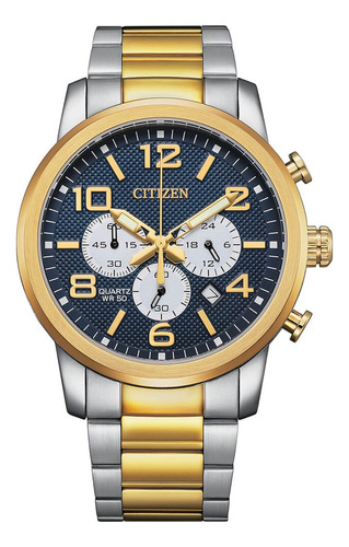 Reloj Citizen An805956l Para Hombre Cronógrafo Marcador24hrs Malla Dos Tonos Bisel Dorado Fondo Azul