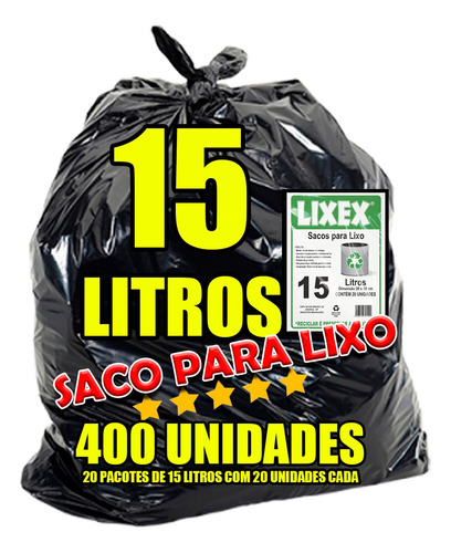 Saco De Lixo 15 Litros Preto 400 Unidades Resistente 