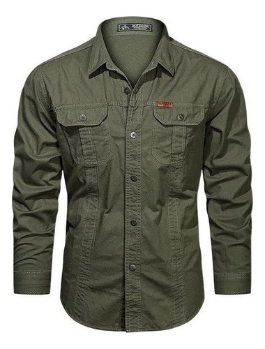 Camisa Militar De Manga Larga Con Botones Para Hombre