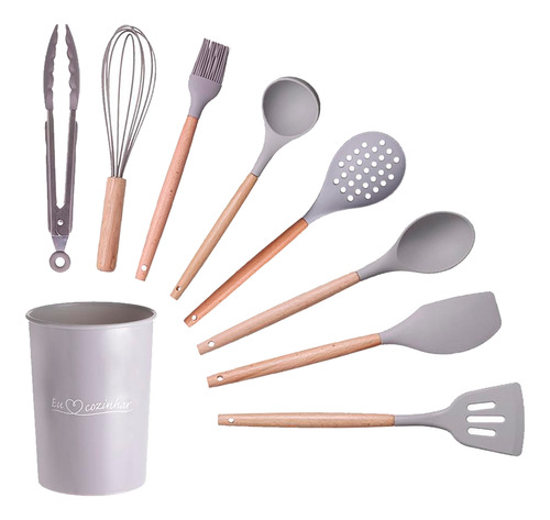 Jogo 9 Colheres De Silicone Cabo Madeira Utensílios Cozinha