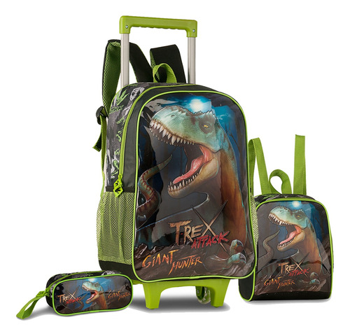 Kit Mochila Escolar Infantil Dinossauro T-rex Verde E Preta