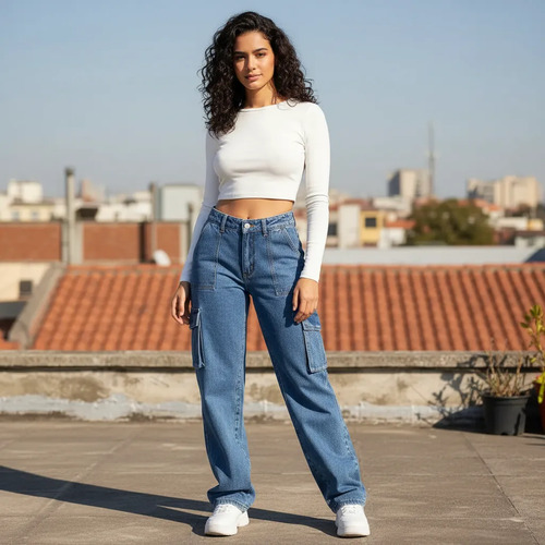 Pantalón Cargo Para Mujer Ancho Tiro Alto Estilo Casual | MercadoLibre