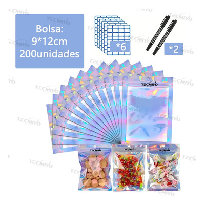 Tecmiyo 200 bolsas holográficas vendibles, 9 x 12 cm, bolsas holográficas plateadas con láser, regalo de cortesía: 6 pegatinas. Bolsas para gomitas holográficas. | MercadoLibre