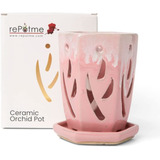 Maceta Hexagonal De Ceramica Para Orquideas  10cmx15cm- Rosa