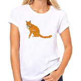 Remera De Mujer Gato Atigrado Naranja Comiendo