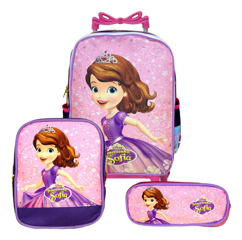 Mochila Feminina Rodinha Princesa Sofia Lancheira Estojo