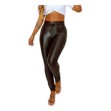 Calça Legging Cintura Alta Brilho Couro Disco Pants C/ Botão