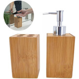 Jogo De Banheiro Bambu Dispenser Sabonete E Porta Escova