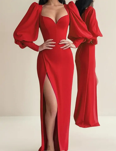 Vestido Largo Rojo Con Escote V Y Cintura Alta