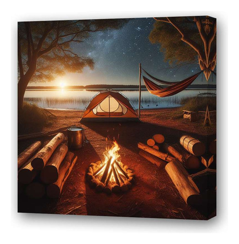 Cuadro 30x30cm Camping Lago Atardecer Fuego Paraguaya