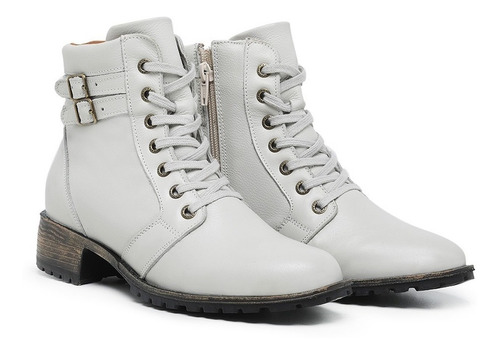 Bota Feminino De Couro Cano Médio All White Com Amarração