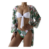 1 Conjunto Bikini + Saída De Praia Kimono Feminino Estampado