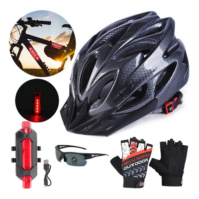 Casco De Bicicleta Mtb Rovtop Con Protección Ultraligera Color Negro Talla Única Unisex, Casco de Montaña de Carretera + Luz Recargable por USB + Gafas + Guantes, Circunferencia De La Cabeza 56-61cm | Envío gratis