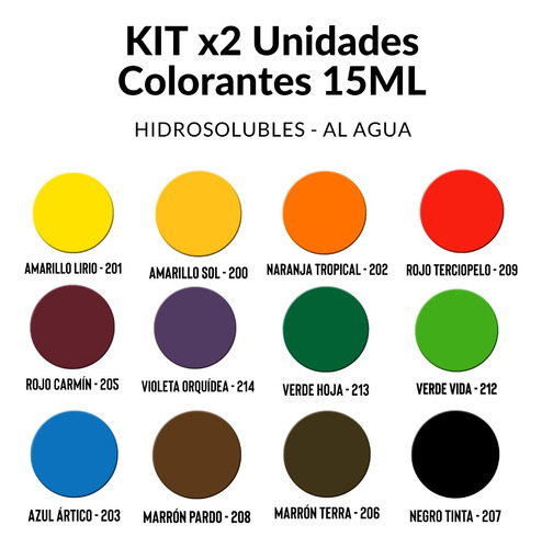  Kit Colorantes. Hidro. 15ml  (x2 Unidades) - Apto Cosmética