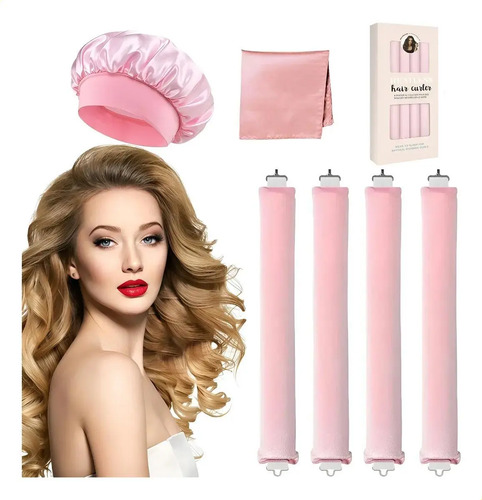6pzs Curly Ondas En Cabello Rizos Sin Calor Tubo+gorro Satin