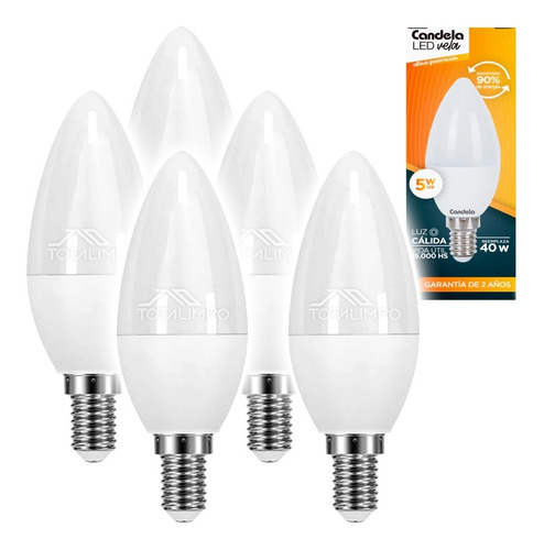 5 Lámparas Led Vela E14 5w (40w) Luz Cálida Candela 6795