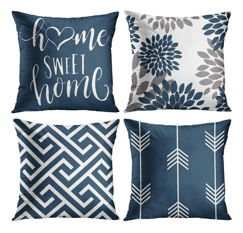 Fundas De Cojin Home Sweet Home Azul Y Gris 50x50 Cm 4 Pzs