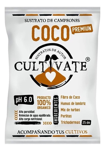 Sustrato Cultivate Fibra De Coco Premium Orgánico 25 Litros