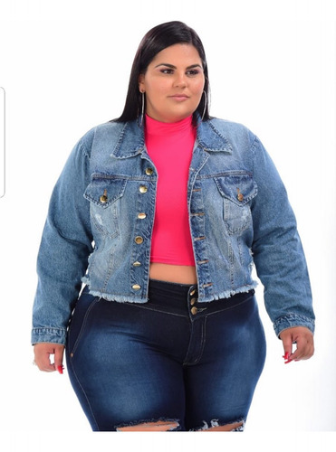 Jaqueta Jeans Feminina Curta Plus Size Botao Destroyed 