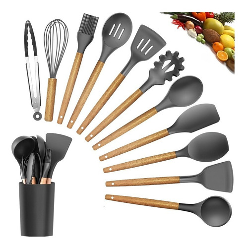 Kit 12 Utensílios Para Cozinha Em Silicone Cabo De Madeira