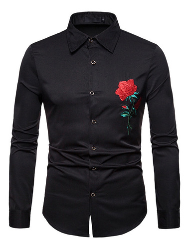 Camisa Y Hombre Casual Rosa Bordada Turndown Slim Fit B 1216