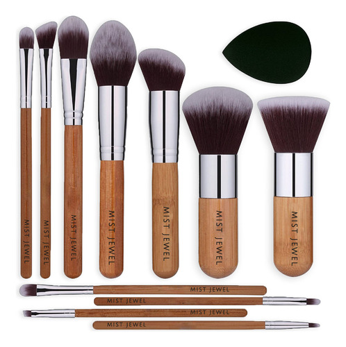 Brochas De Maquillaje Bambú Ecológicas 11 Pcs Marrón Elegantes De Madera Para Ojos, Rostro Y Labios Kabuki Incluye Esponja De Regalo