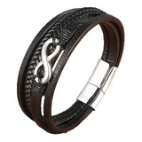 Pulsera De Cuero Infinito Black Silver Hombre Caballeros 1