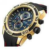 Reloj Deportivo Hombre Megir Cronógrafo, Cuarzo 1019 Color De La Correa 2045 Negro/dorado Color Del Bisel Dorado/azul