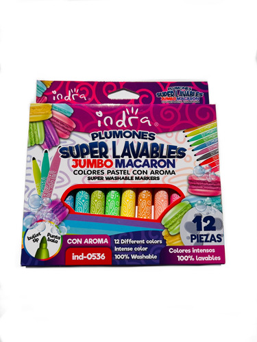 Plumones Super Lavables Jumbo Macaron Indra 12 Pzas.