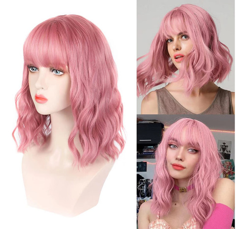 Peluca Sintética Pink Wigs Ondulada Para Lolita, Corta, Rosa