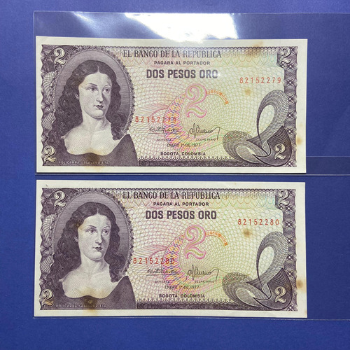 Dúo Billetes Colombianos Consecutivos De 2 Pesos Oro 