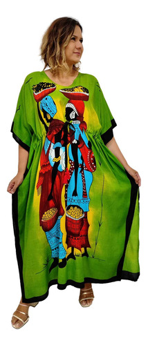 Vestido Longo Indiano Kaftan Viscose Estampa Africana Plus