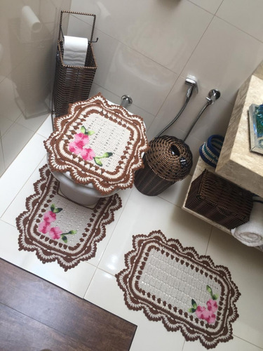 Jogo De Banheiro Croche 3 Pçs Bordado Flor Barroco