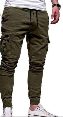 Pantalon Cargo De Hombre Con Elástico Verde Oscuro 