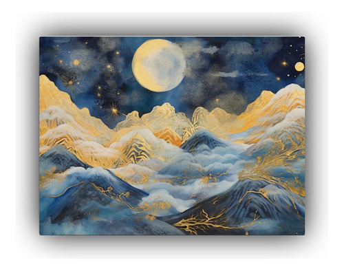 50x40cm Cuadro Estilo Óleo Minimalista Montaña Nubes Luna