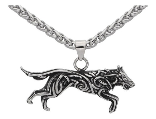 Collar Dije Lobo Vikingo Color Plata Acero Inoxidable Hombre