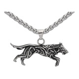 Collar Dije Lobo Vikingo Color Plata Acero Inoxidable Hombre