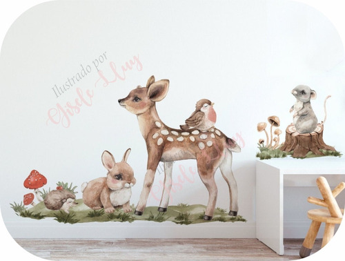 Vinilo Decorativo Infantil Animales De Bosque Acuarela Bamby