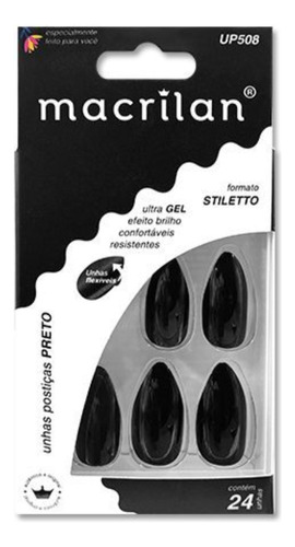 Unhas Postiças Preto Stiletto Macrilan Up508