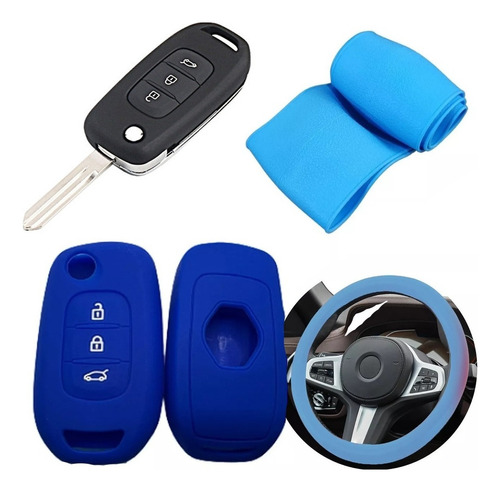 Cubre Volante + Funda Llave Silicona - Renault Kwid - Azul