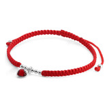 Pulsera De Plata 925 Macramé Con Circón De Corazón Rojo