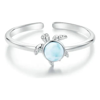 Anillo Tortuga Marina Con Larimar 100% Plata S925 Plateado Ajustable
