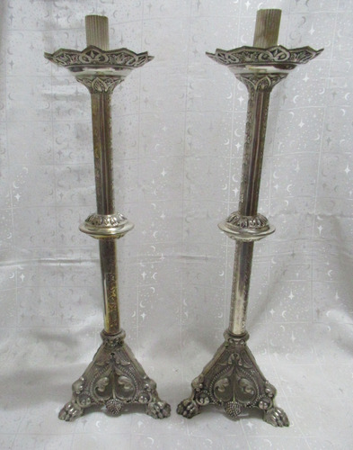 Antiguo Par Candelabros De Altar Bronce Plateado 65 Cm Alto