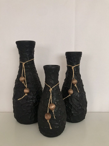 Trio  Vasos Preto Em Cerâmica